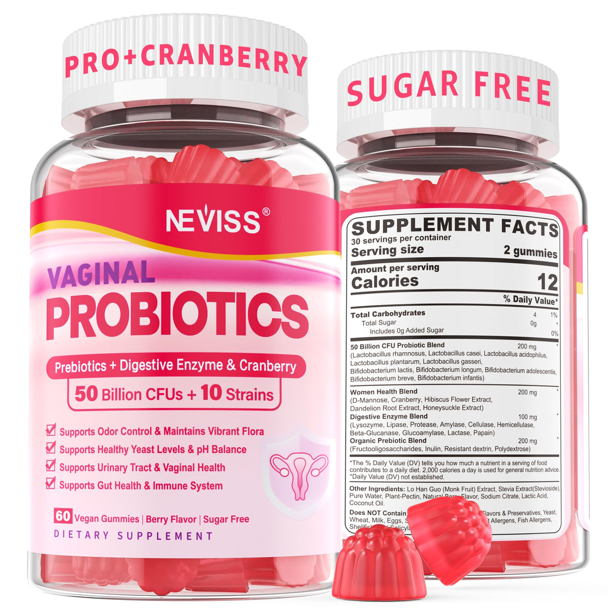 Gummies probiotiques vaginales NEVISS 60 gummies sans sucre, vue de face