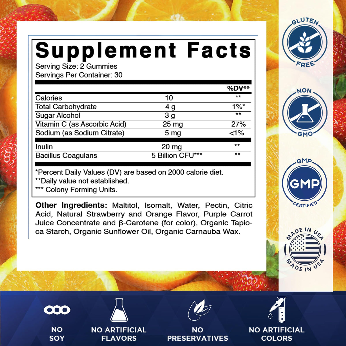 Gummies probiotiques Vitamatic à côté d'une cuillère avec quelques gummies