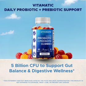 Gummies probiotiques Vitamatic sur une table avec un fond naturel