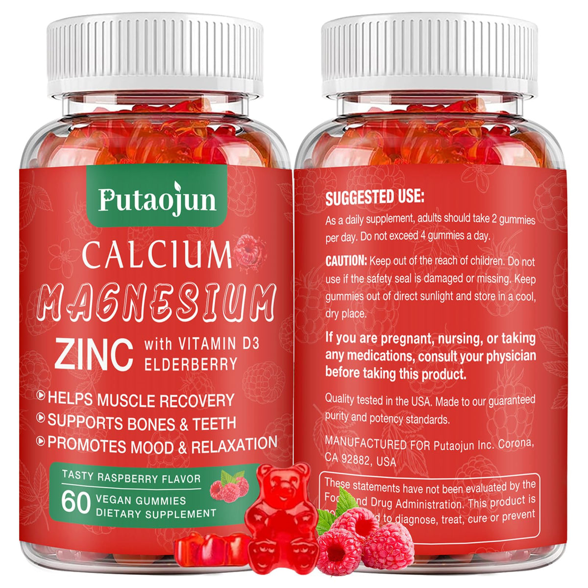 Gummies Putaojun au calcium magnésium zinc framboise vue de face