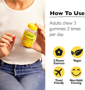 Gummies RESCUE avec une main tenant un gummy orange