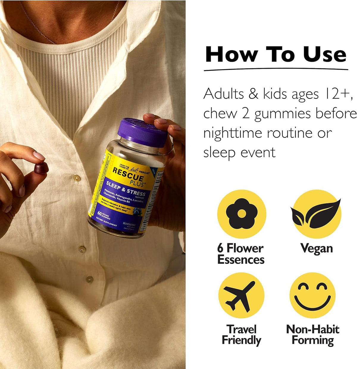 Gummies RESCUE soutien sommeil et stress, présentation sur une table