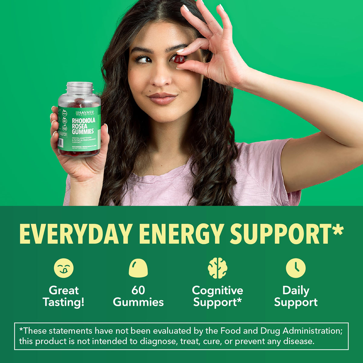 Gummies Rhodiola Rosea HAVASU NUTRITION avec un fond de nature