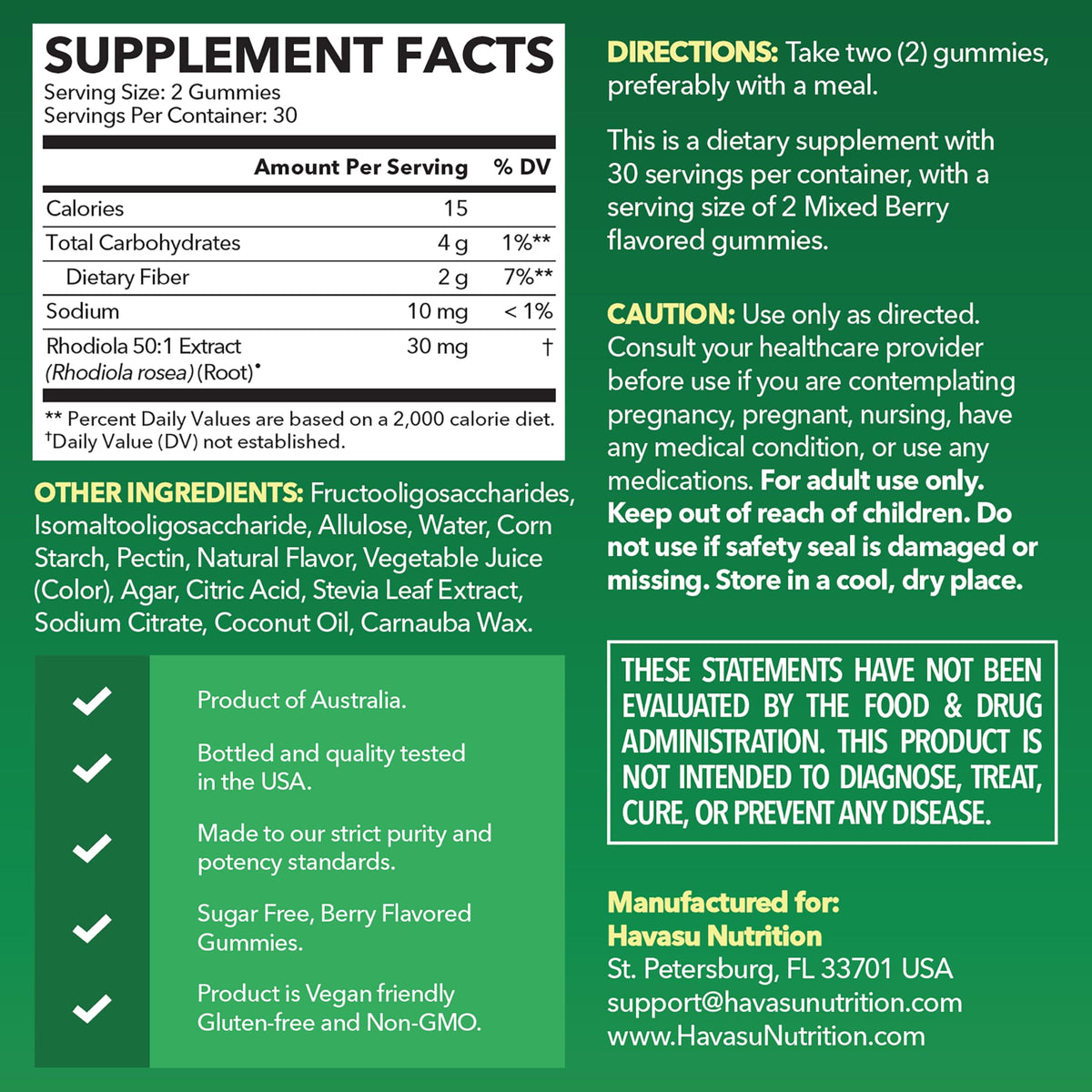 Gummies Rhodiola Rosea HAVASU NUTRITION montrant la taille des gummies