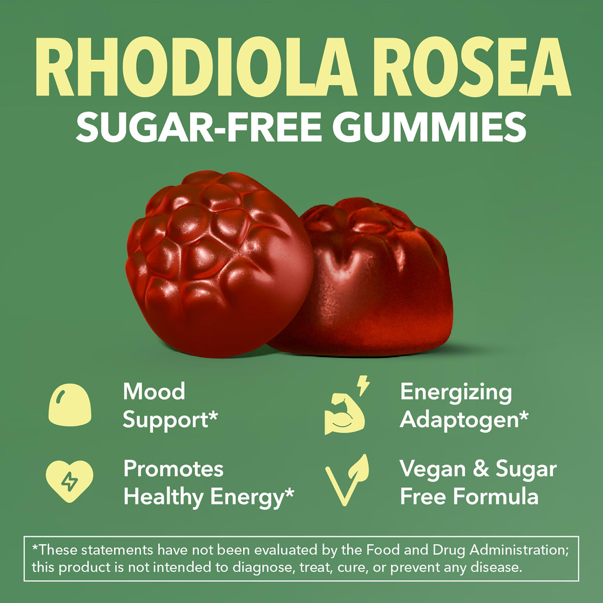 Gummies Rhodiola Rosea HAVASU NUTRITION sur une table avec des fruits