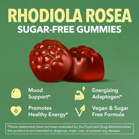 Gummies Rhodiola Rosea HAVASU NUTRITION sur une table avec des fruits