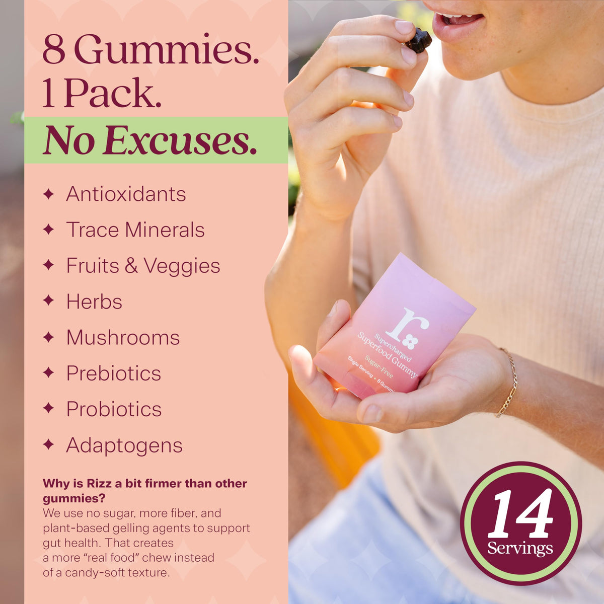 Gummies RIZZ avec des fruits et légumes en arrière-plan
