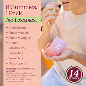 Gummies RIZZ avec des fruits et légumes en arrière-plan