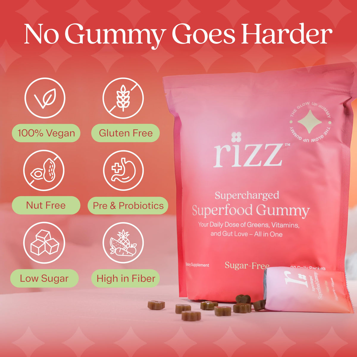 Gummies RIZZ avec des superaliments visibles sur l'emballage