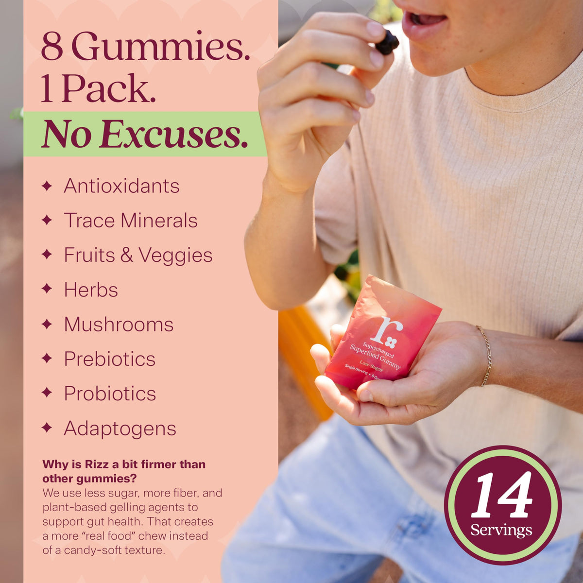 Gummies Rizz dans une main pour montrer la taille