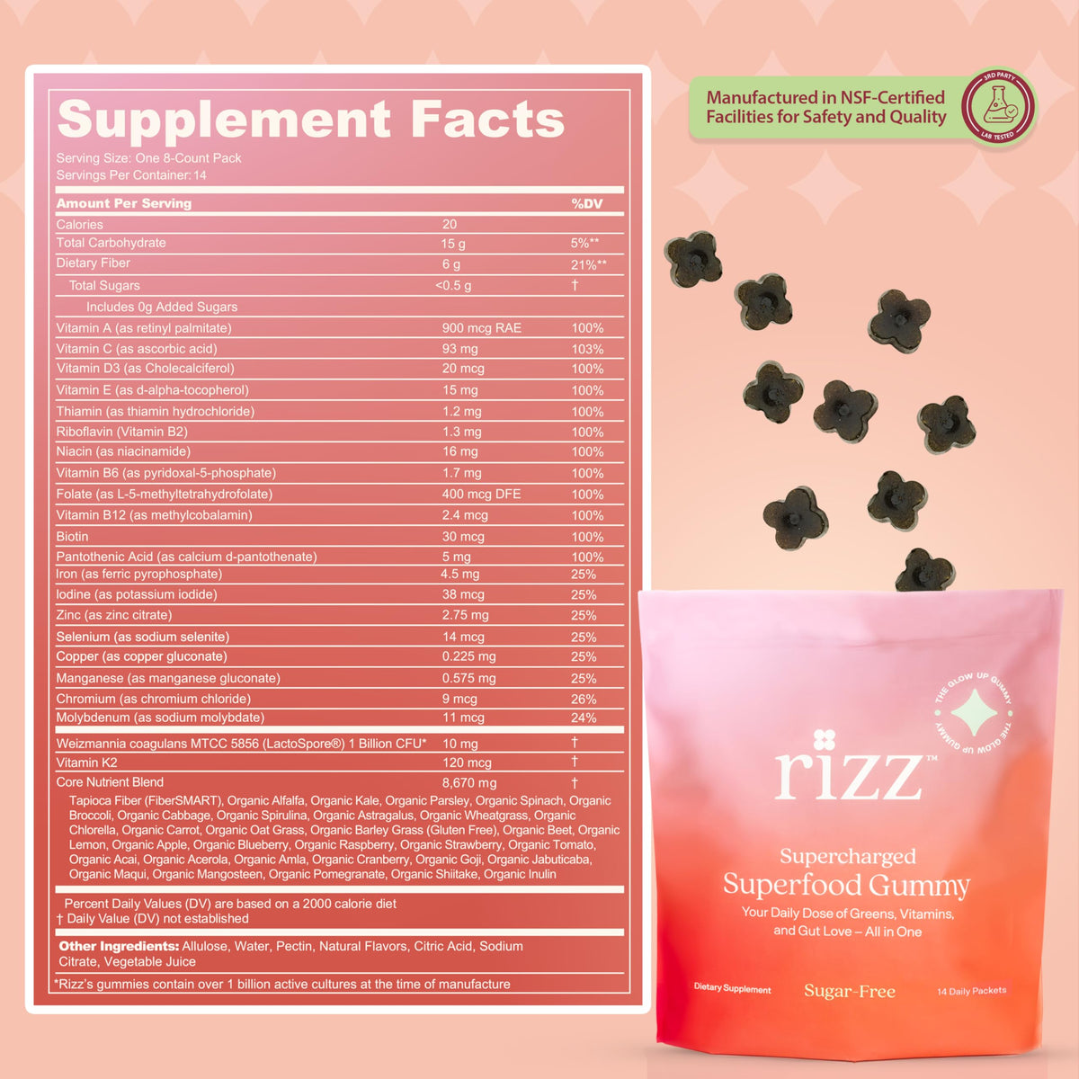 Gummies RIZZ sur une table avec des ingrédients naturels