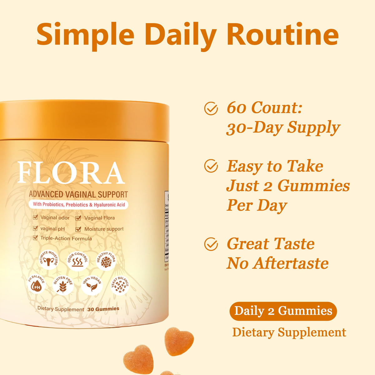 Gummies RTQSU Flora Plus sur une table avec fruits