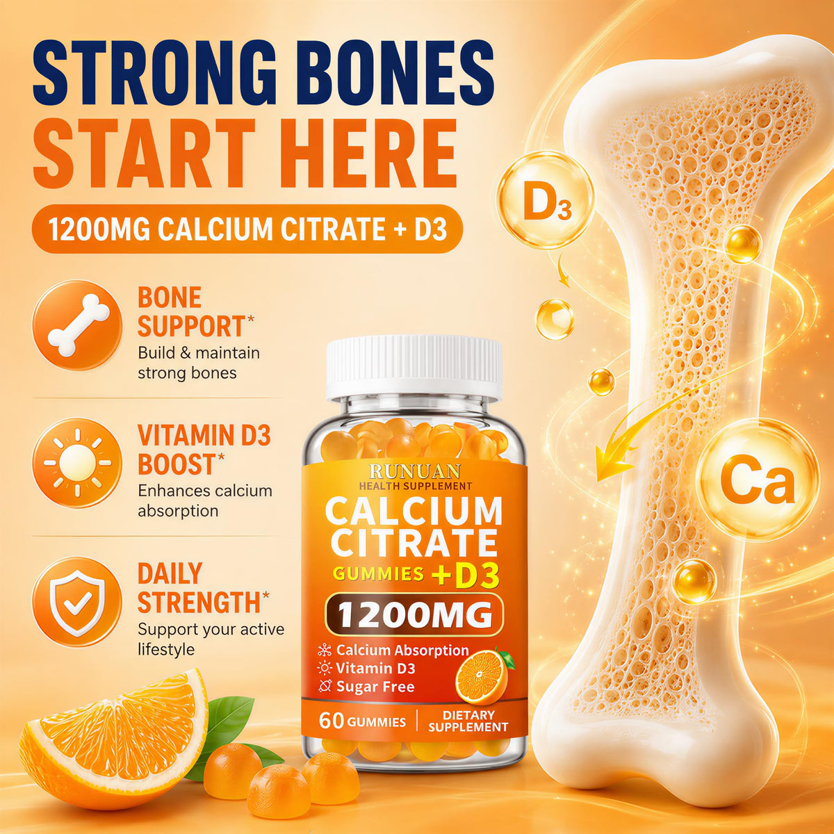 Gummies RUNUAN au calcium près d'une tasse d'eau