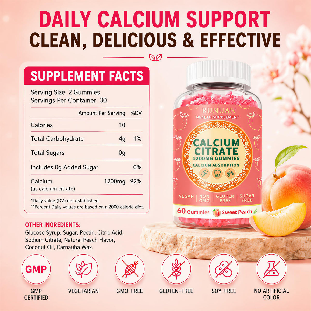 Gummies RUNUAN au citrate de calcium 1200mg sur un fond blanc
