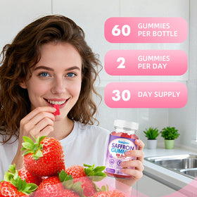 Gummies Saajoor au Safran 88,5 mg affichés à côté d'autres suppléments