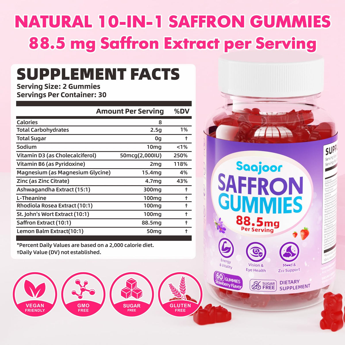 Gummies Saajoor au Safran à la fraise sur une table