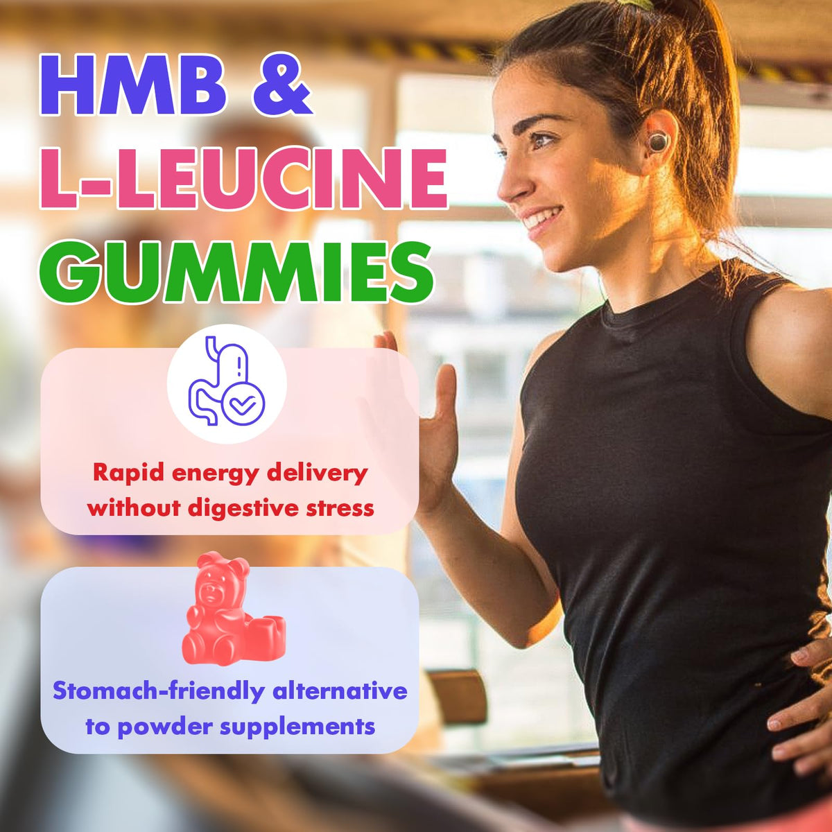 Gummies Saajoor HMB et L-Leucine avec un fond de gym