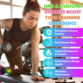 Gummies Saajoor HMB et L-Leucine sur une table avec des fruits