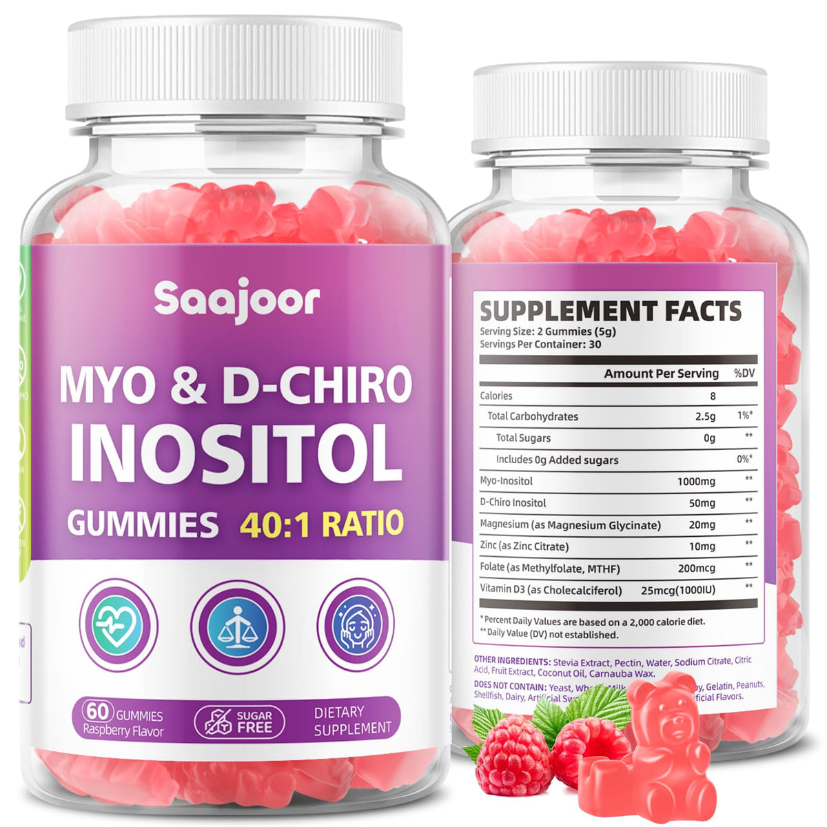 Gummies Saajoor Myo-Inositol et D-Chiro Inositol 60 unités vue de face