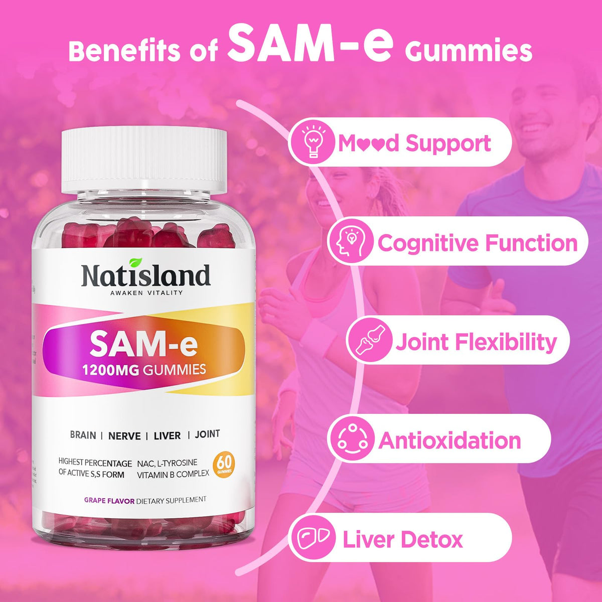 Gummies SAM-e NATISLAND, vue de dessus montrant les gummies