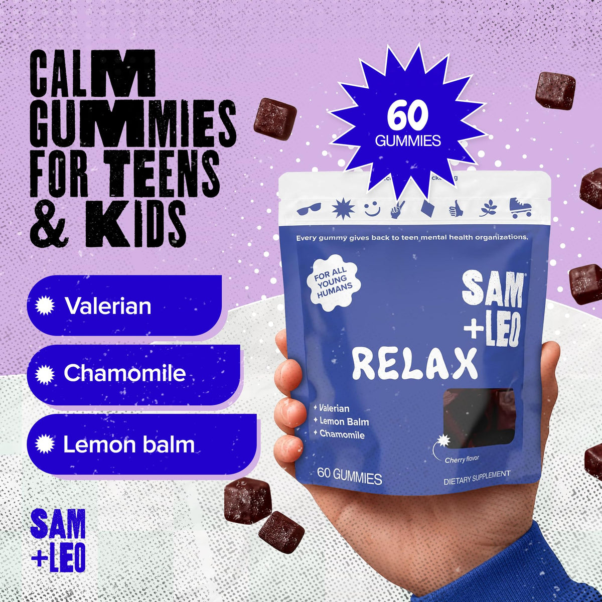 Gummies SAM+LEO cerise sur fond blanc