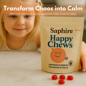 Gummies Saphire Happy Chews au safran à l'intérieur de la boîte