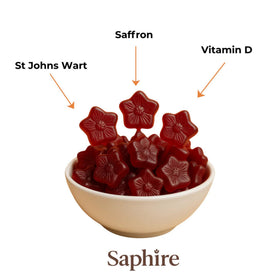 Gummies Saphire Happy Chews au safran dans une main d'enfant