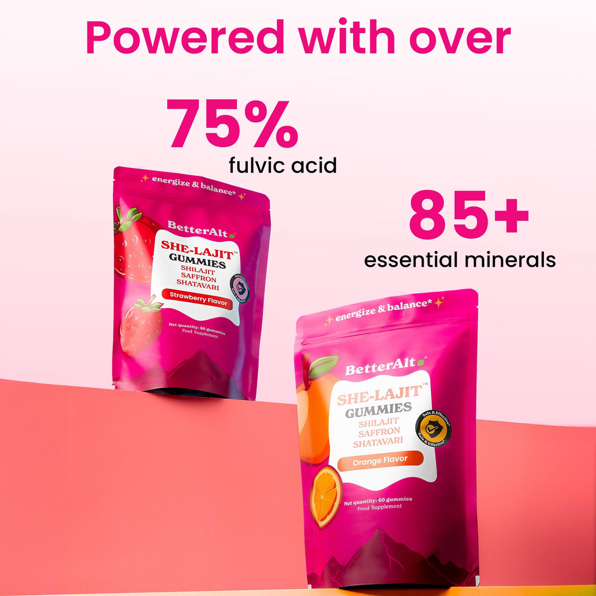 Gummies SHE-Lajit Better Alt sur une table, ambiance naturelle