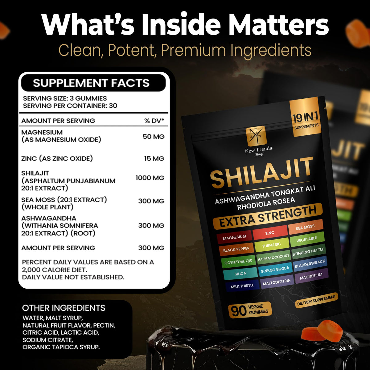 Gummies Shilajit 19 en 1 sur un fond blanc