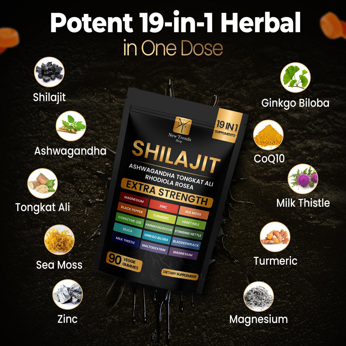 Gummies Shilajit 19 en 1 sur une surface en bois