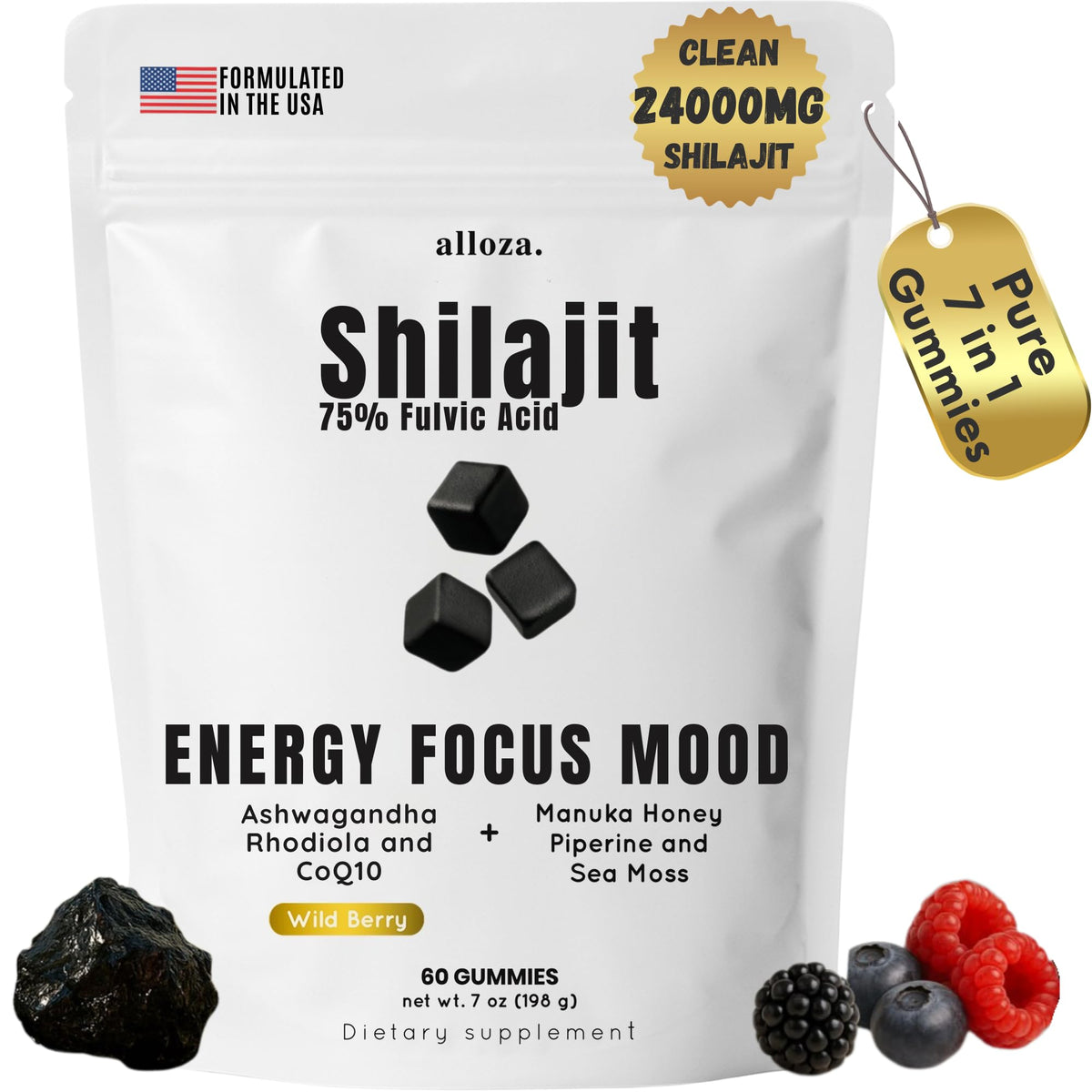 Gummies Shilajit alloza 60 unités avec CoQ10 et Ashwagandha, vue avant