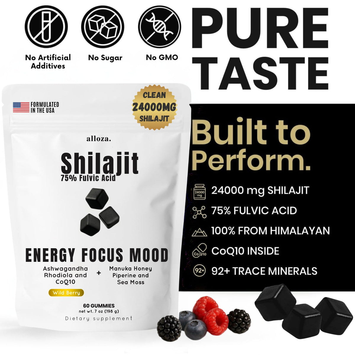 Gummies Shilajit alloza, texture de baies sauvages, présentation