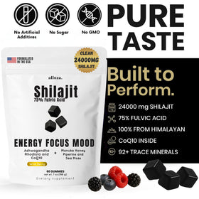 Gummies Shilajit alloza, texture de baies sauvages, présentation