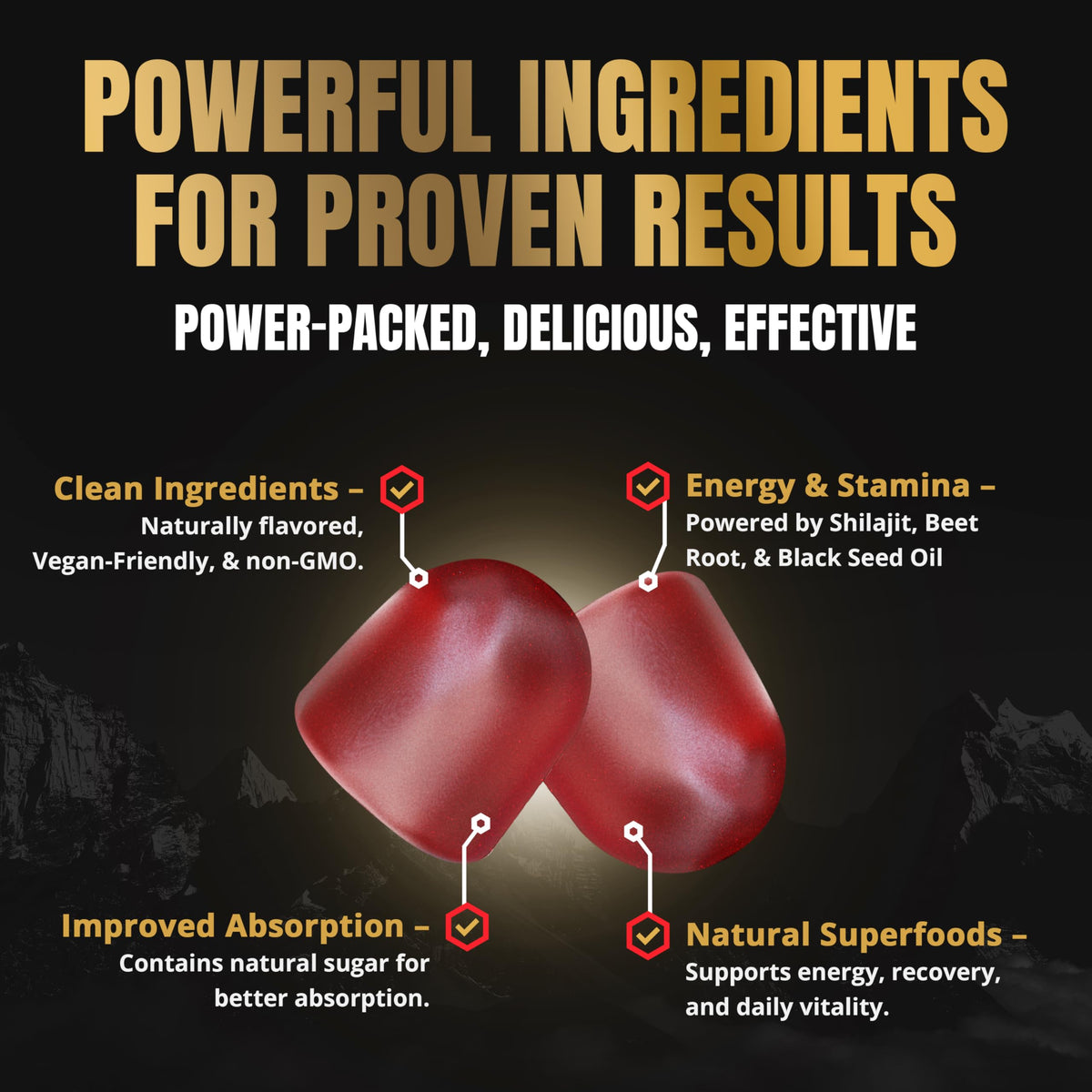 Gummies Shilajit, arrière du pot avec informations nutritionnelles