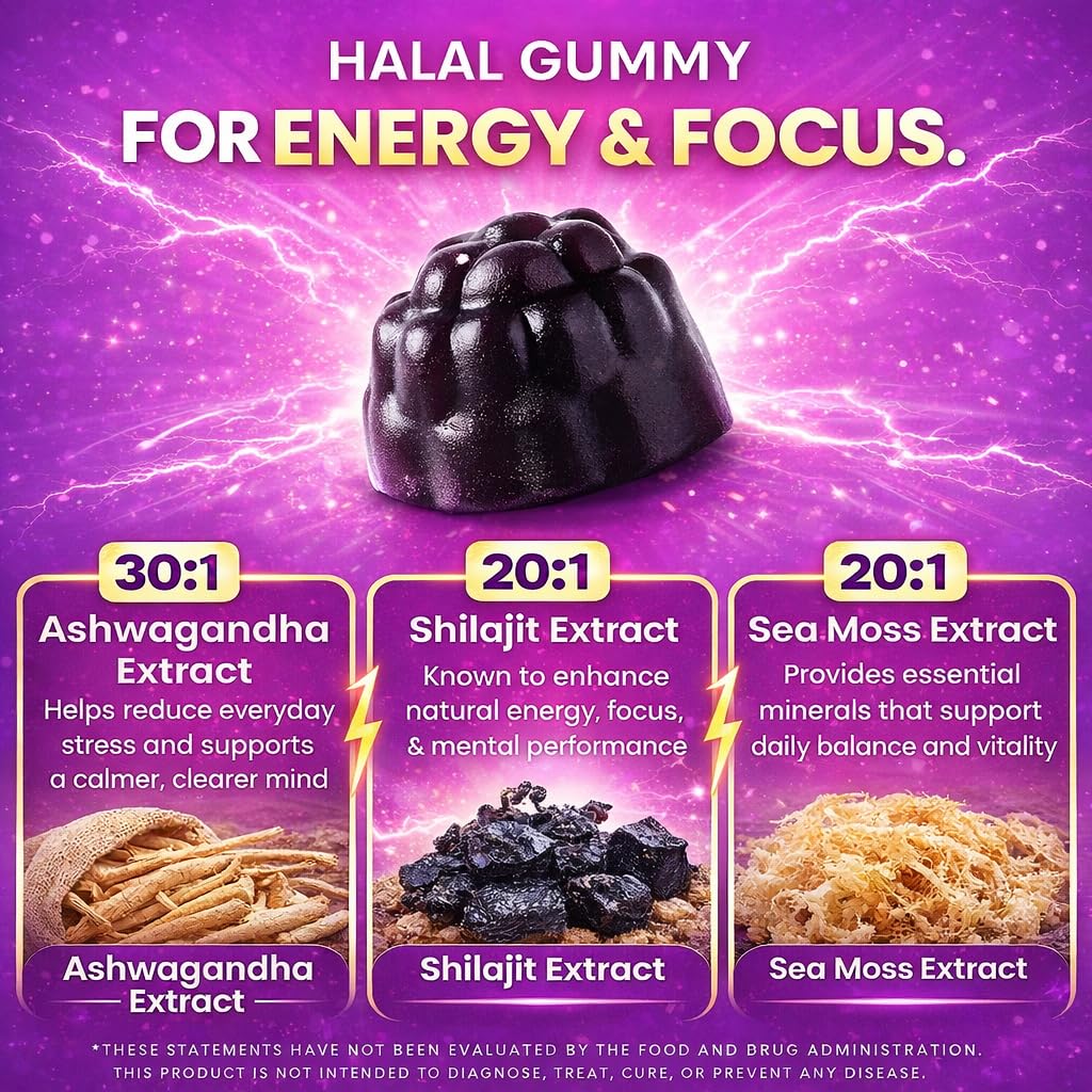 Gummies Shilajit Barely Halal sur une table avec un verre d'eau
