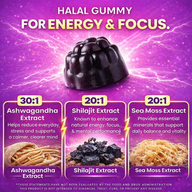 Gummies Shilajit Barely Halal sur une table avec un verre d'eau