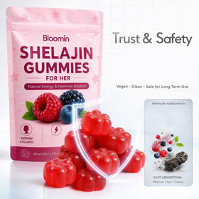 Gummies Shilajit Bodylove Mask à côté d'un verre d'eau