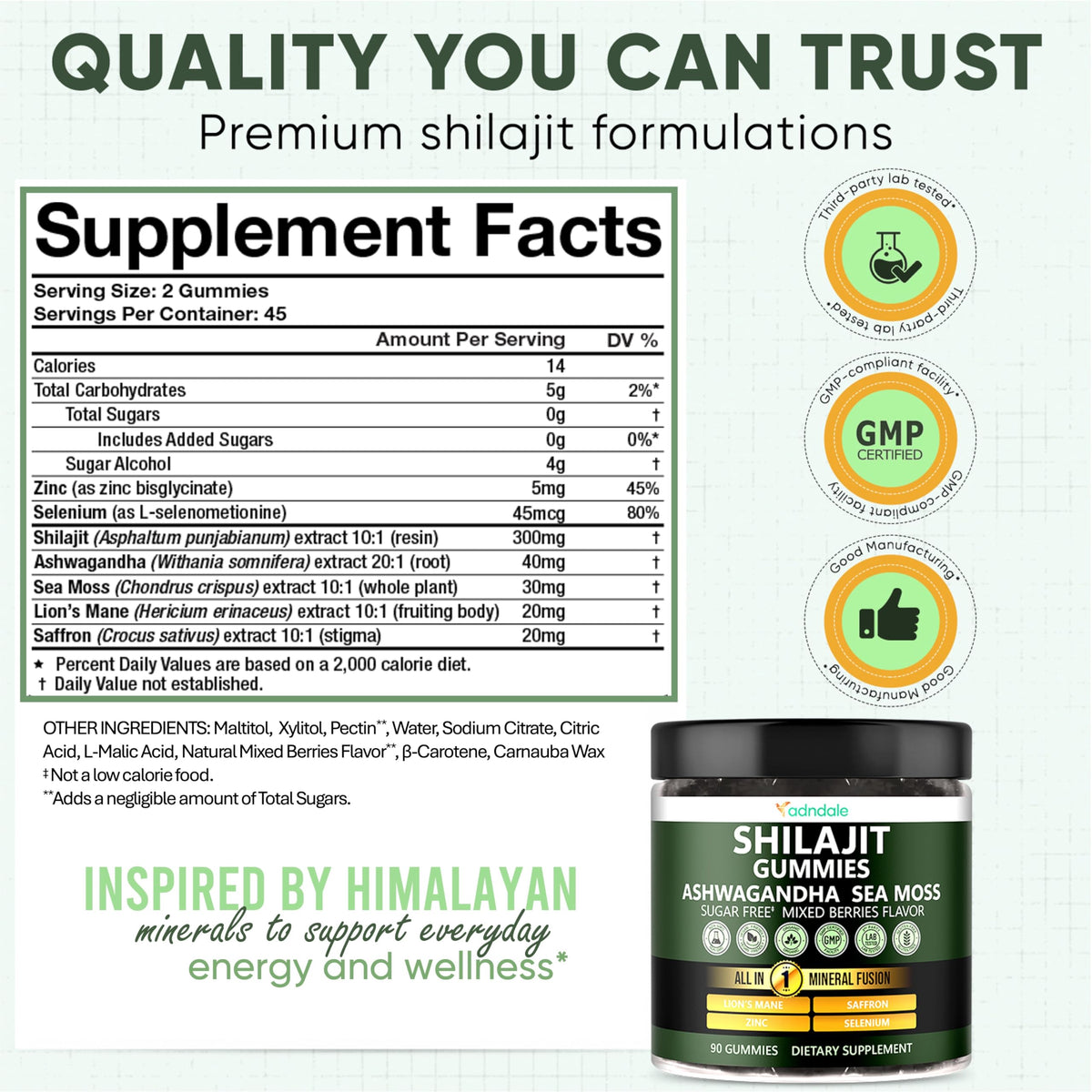 Gummies Shilajit d'Adndale avec étiquette nutritionnelle