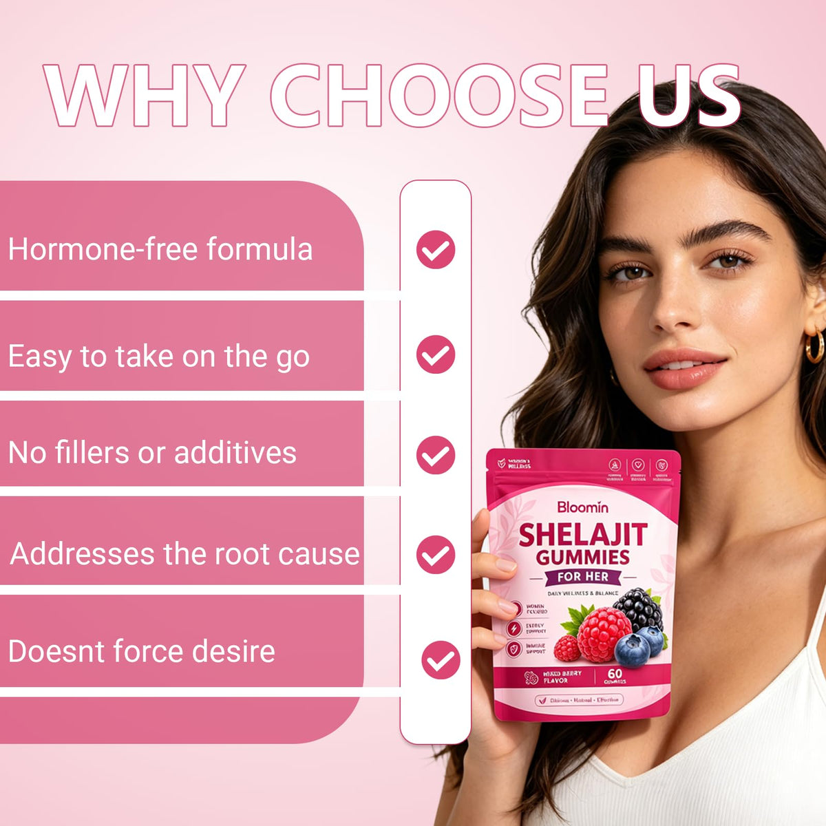 Gummies Shilajit de Floroma Global avec des fruits rouges en arrière-plan
