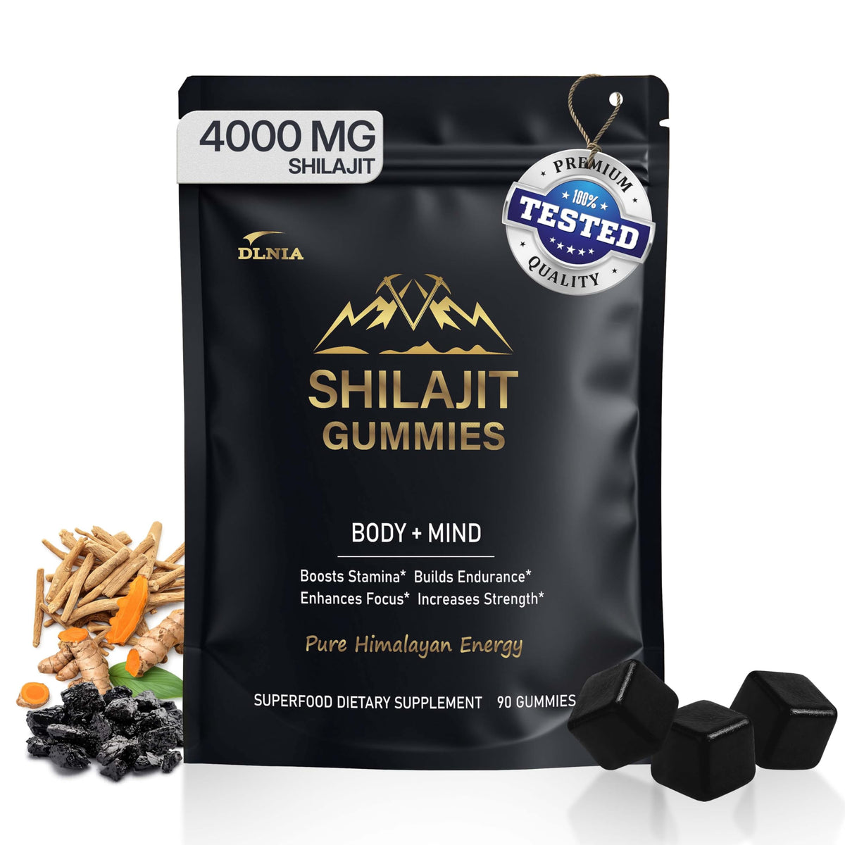 Gummies Shilajit DLNIA 13-en-1 avec KSM-66 Ashwagandha, vue de devant