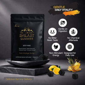 Gummies Shilajit DLNIA avec une main tenant un gummy