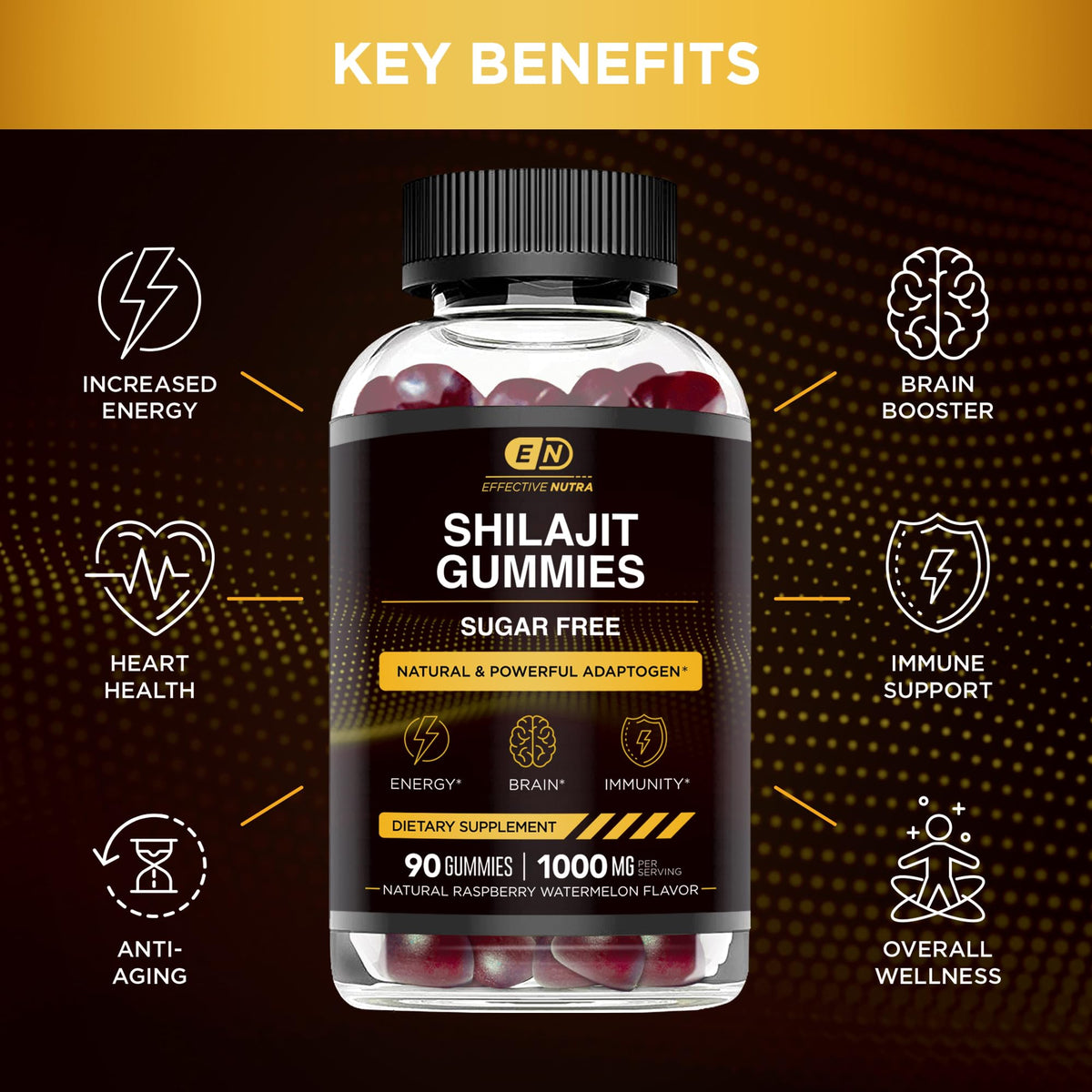 Gummies Shilajit Effective Nutra avec plusieurs gummies sur une surface blanche