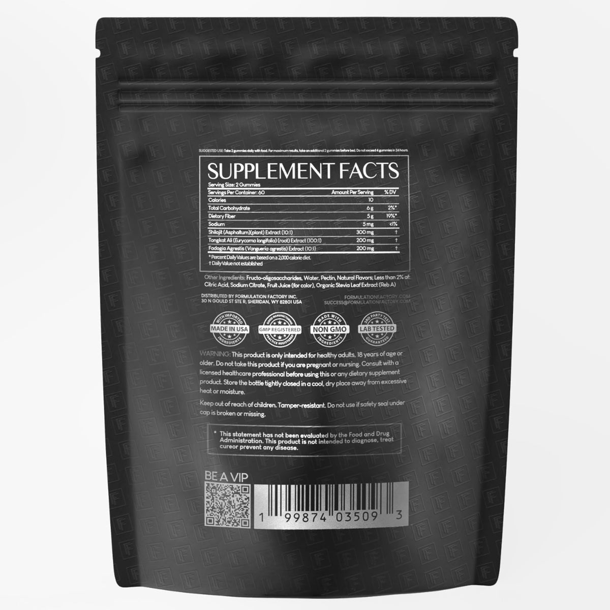Gummies Shilajit Formulation Factory en vue de face montrant la couleur noire baie