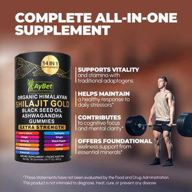 Gummies Shilajit Himalayen Bio AyBet avec des ingrédients naturels en arrière-plan