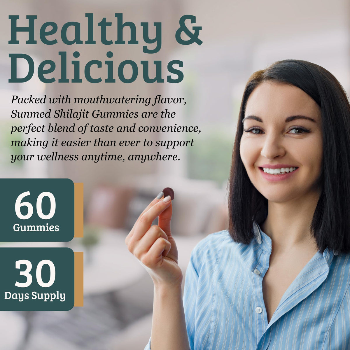 Gummies Shilajit Himalayen SUNMED dans une main, taille