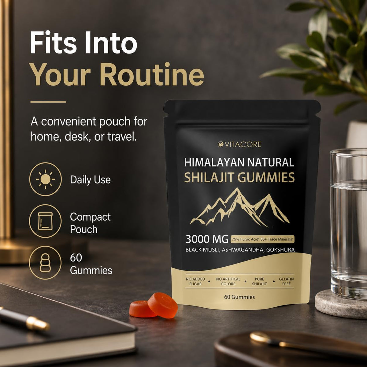 Gummies Shilajit Himalayen Velvra Cleanse avec un verre d'eau