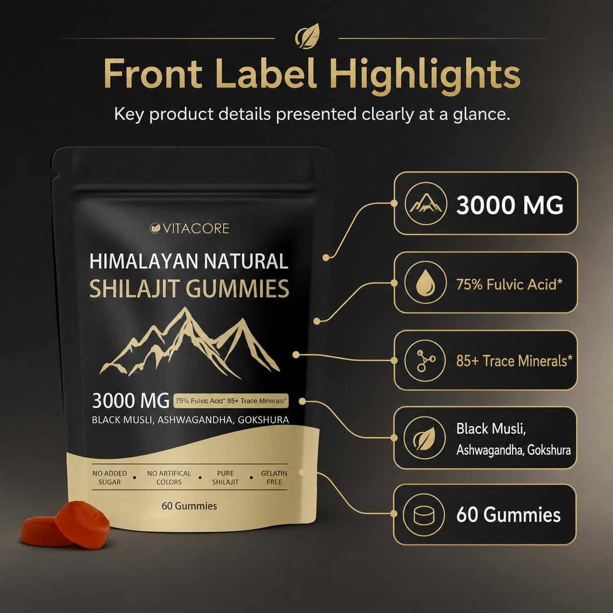 Gummies Shilajit Himalayen Velvra Cleanse en gros plan