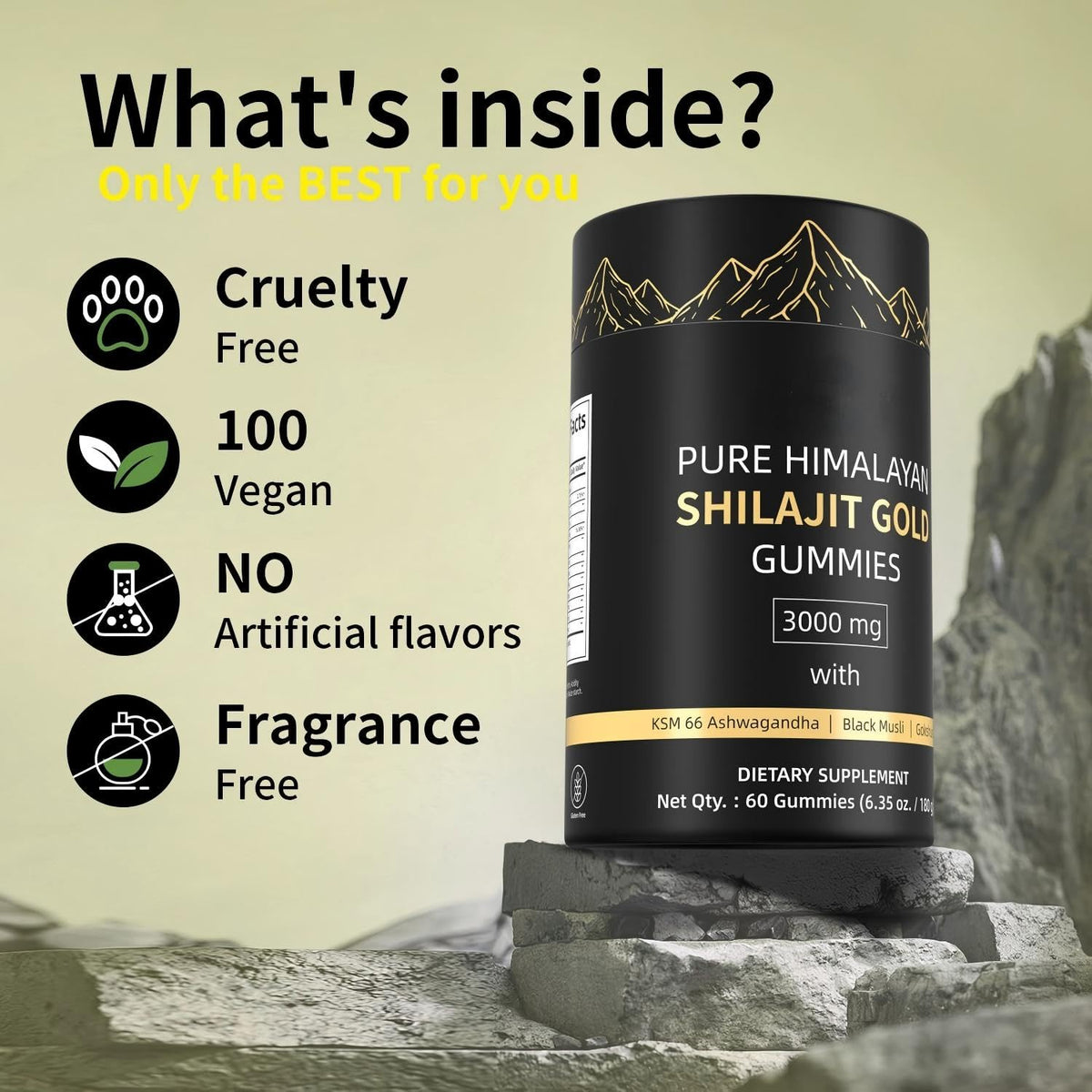 Gummies Shilajit HWAXIGO affichant l'étiquette avec ingrédients