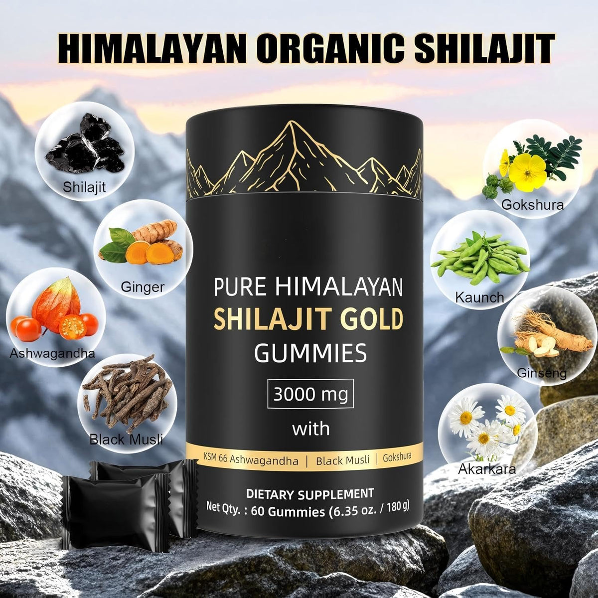 Gummies Shilajit HWAXIGO avec une main prenant deux gummies