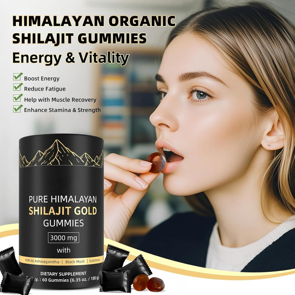 Gummies Shilajit HWAXIGO en gros plan sur un fond neutre